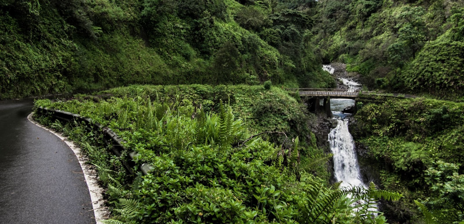 Lush green Hawaiian hillside with a flowing waterfall under a small bridge beside a winding road