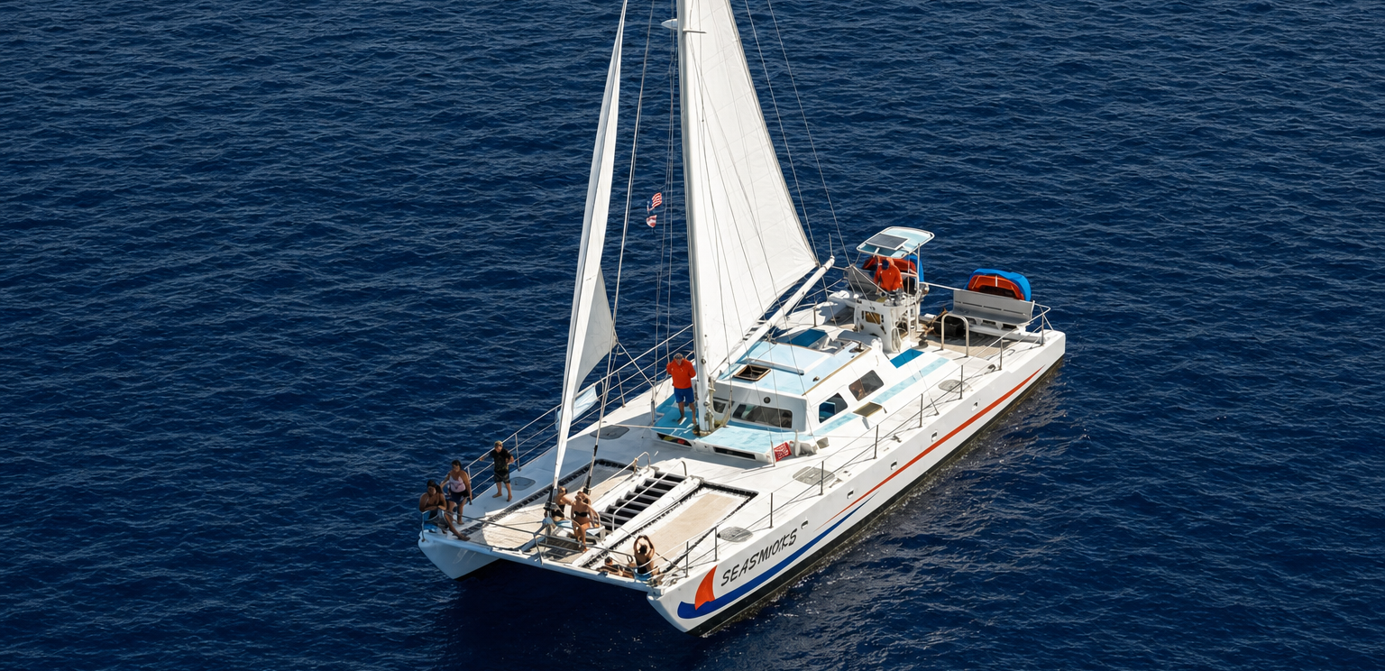 white sailboat named Seasworks with passengers sailing on dark blue ocean