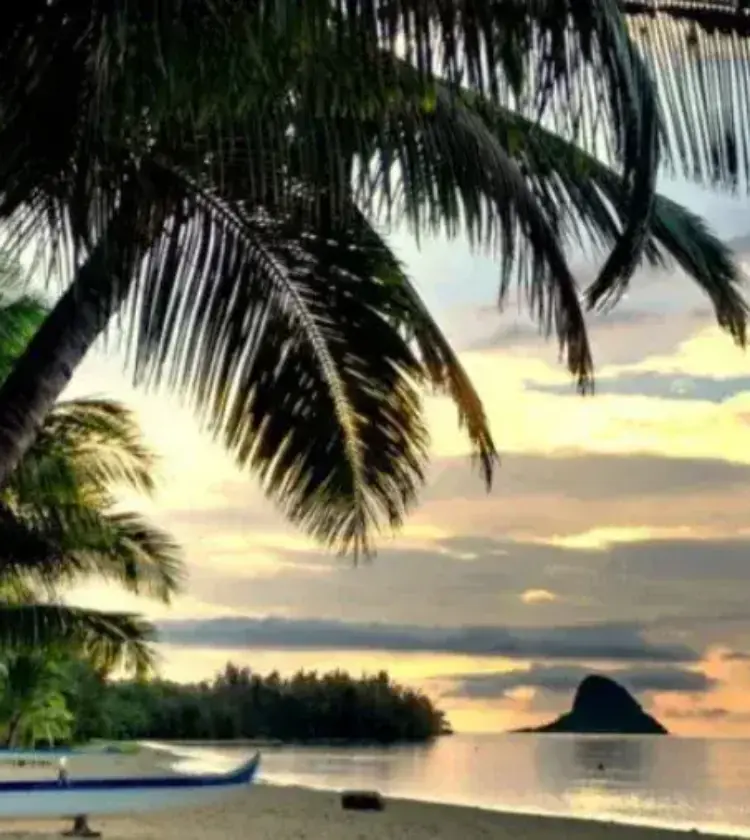 Hawaiian beach at sunset with palm trees, canoe on shore, and island silhouette in distance
