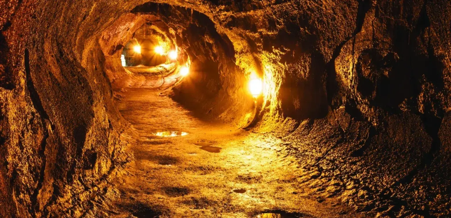 Interior of illuminated lava tube cave with textured walls and puddles on the floor