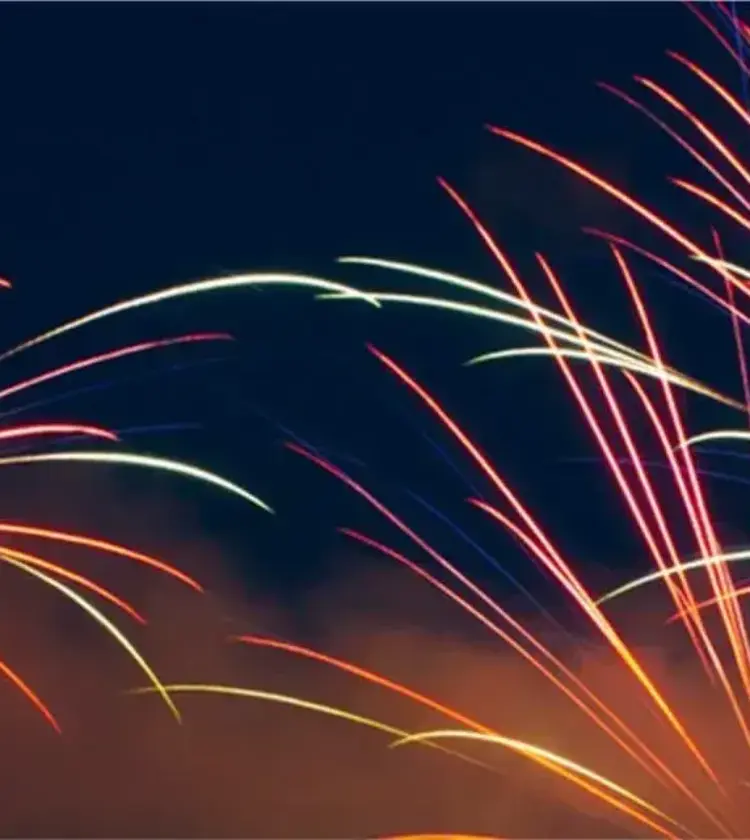 Red, orange, and white fireworks bursting in dark night sky